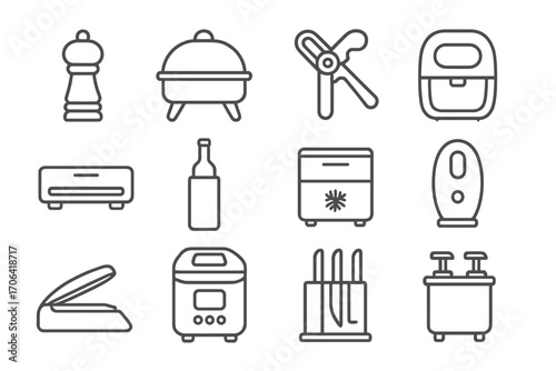 Kitchen Gadget Icons. Line style icons of kitchen storage helpers: spice grinder, food warmer, can opener, electric jar opener;