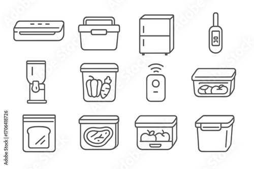 Food Storage Icons. Line style icons of food storage devices: vacuum sealer, icebox, mini freezer, digital thermometer; dry goods
