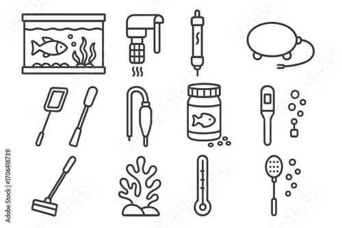 Aquarium Care Icons. Line style icons of aquarium care: fish tank, water filter, heater, air pump; aquarium net, gravel cleaner,