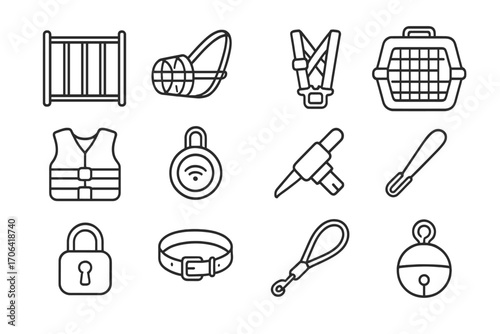 Pet Safety Icons. Line style icons of pet safety: pet gate, muzzle, seatbelt harness, crate; life jacket, pet tracker tag, ID chip