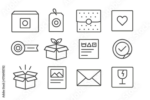 Packaging Line Icons. Line style icons of packaging and branding: branded box, logo label, tissue wrap, thank you card; custom