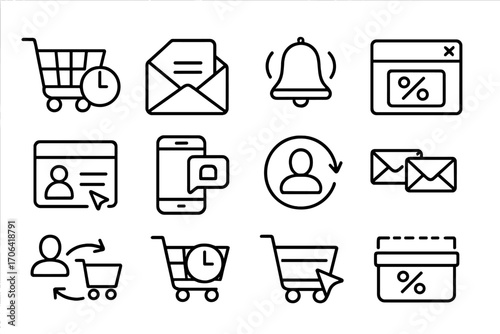 Abandoned Cart Icons. Line style icons of abandoned cart recovery: cart with timer, reminder email, alert bell, discount popup; re