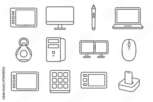 Creative Device Icons. Line style icons of creative devices: graphic tablet, monitor, stylus, laptop; color calibration tool,