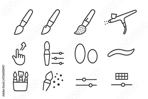 Brush Tool Icons. Line style icons of brush tools: soft brush, hard brush, texture brush, airbrush tool; pressure sensitivity,