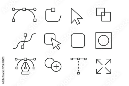 Vector Editing Tools. Line style icons of vector editing: bezier curve, anchor point, direct selection, pathfinder; join path,