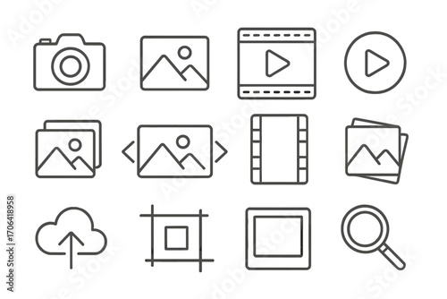 Media Icon Set. Line style icons of media and content: camera, image icon, video frame, play button; gallery icon, slideshow icon,