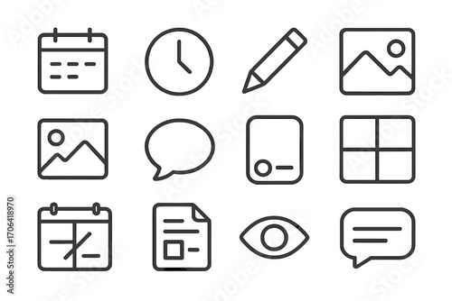 Content Planner Icons. Line style icons of content schedule: calendar, clock, pencil, image post; photo icon, speech bubble, story