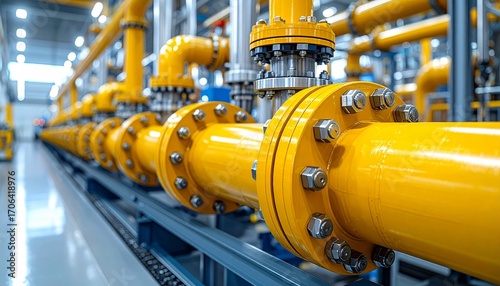 Industrial facility section with large yellow pipelines connected by flanges and bolts, mounted on a blue structural framework in a clean, well-lit environment—highlighting modern fluid or gas transpo