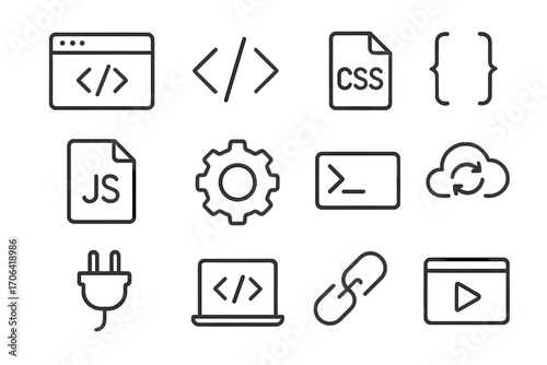 Development Icon Set. Line style icons of development UI elements: code window, HTML tag, CSS icon, bracket symbol; JS file, gear