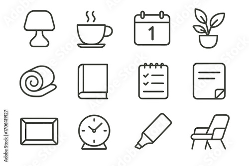 Functional Work Icons. Line style icons of soft and functional work items: mood lamp, hot cup, date block, leafy decor; blanket