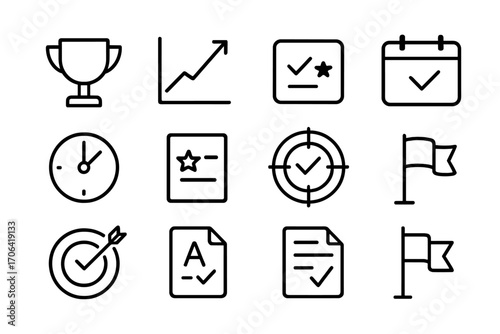 Business Achievement Icons. Line style icons of business achievement: trophy icon, progress graph, completed task, calendar