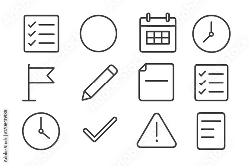 Minimalist Task Icons. Line style icons of sleek task icons: to-do list, sticky dot, flat calendar, time ring; goal flag, edit pen