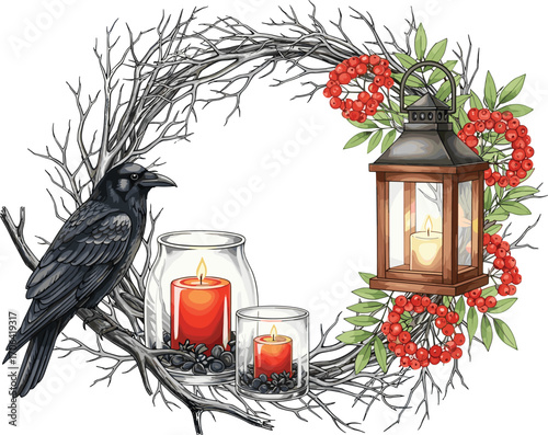 Hauntingly beautiful raven and lantern wreath with glowing candles, adorned with red berries on a rustic branch