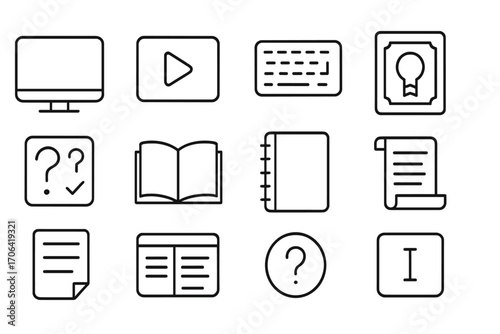 Certification Line Icons. Line style icons of certification and learning: computer, play icon, keyboard, diploma badge; quiz