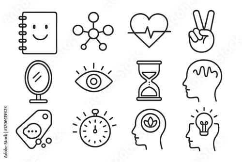 Emotional Tracking Icons. Line style icons of emotional tracking: mood notebook, mind map, heart line, peace hand; reflection