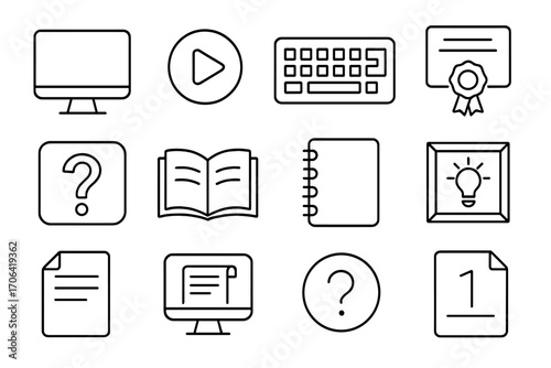 Certification Line Icons. Line style icons of certification and learning: computer, play icon, keyboard, diploma badge; quiz