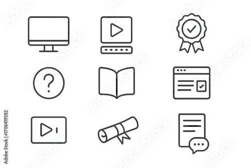 Course Tool Icons. Line style icons of course structure tools: screen, play button, keyboard lines, certificate badge; question