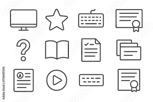 School Tech Icons. Line style icons of school and tech design: computer display, start icon, keyboard layout, course certificate;
