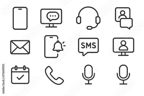 Modern Communication Icons. Line style icons of modern communication tools: smartphone, desktop chat, headset, mobile app; social