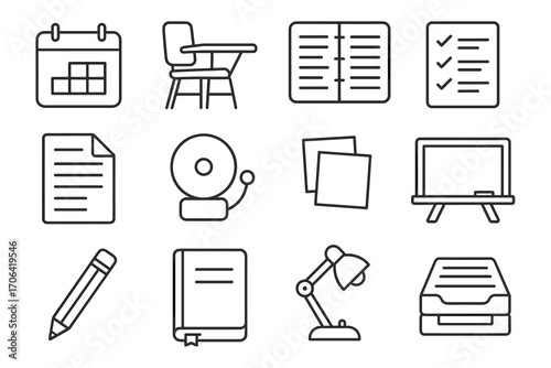 Classroom Kit Icons. Line style icons of classroom preparation kit: calendar, seating desk, planner, task list; assignment sheet,