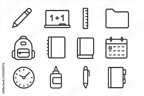 Organized School Essentials. Line style icons of organized school kit: pencil, chalkboard, ruler, folder; backpack, notebook, book
