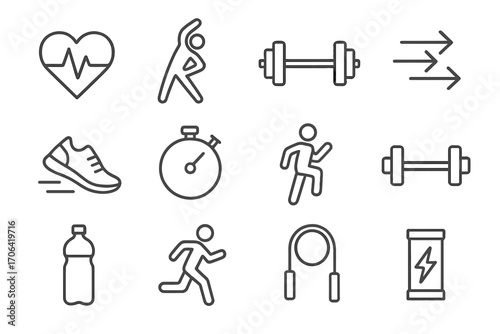 Fitness Icon Set. Line style icons of strength and mobility: heartbeat, stretching figure, barbell, movement icon; step tracker,