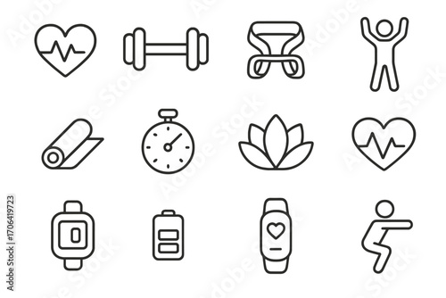 Home Workout Icons. Line style icons of home workout set: heartbeat, dumbbell, resistance band, body pose; yoga mat, fitness clock