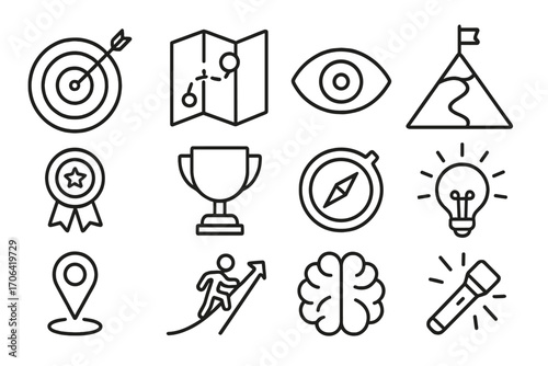 Strategic Icons Collection. Line style icons of strategic thinking: target, map, vision eye, exploration trail; achievement badge,