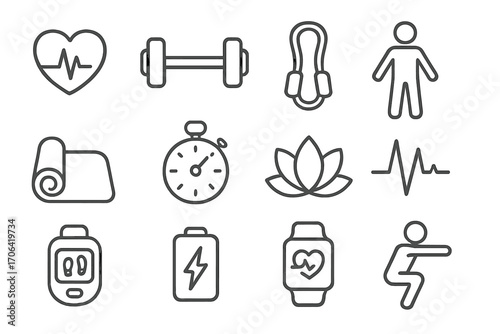 Home Workout Icons. Line style icons of home workout set: heartbeat, dumbbell, resistance band, body pose; yoga mat, fitness clock