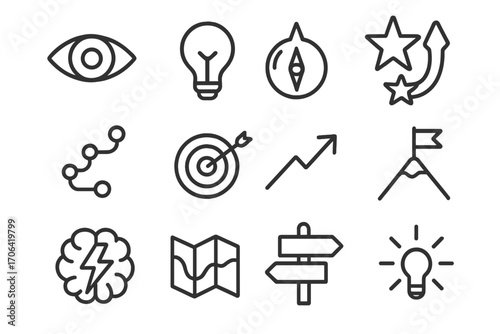 Visionary Thinking Icons. Line style icons of visionary thinking: eye, light bulb, compass, achievement star; idea trail, target,