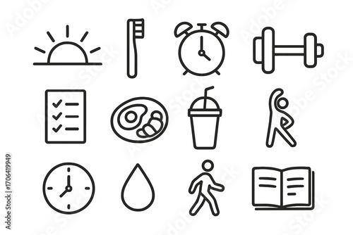Morning Routine Icons. Line style icons of fresh day essentials: sunrise, toothbrush, alarm, fitness icon; checklist, breakfast,