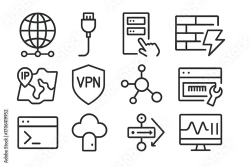 Remote Network Icons. Line style icons of remote network control: globe network, data cable, server access, firewall rule; IP map,