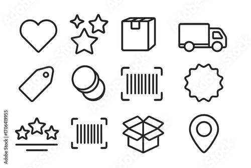 Product Delivery Icons. Line style icons of product delivery icons: heart, stars, package, truck; price tag, coins, barcode, sale