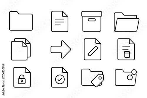 File Management Icons. Line style icons of file management and storage: folder icon, document file, archive box, open folder; copy
