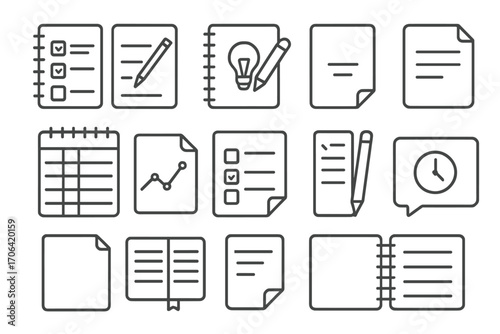 Line Style Productivity Icons. Line style icons of writing and note productivity: checklist notebook, writing planner, idea