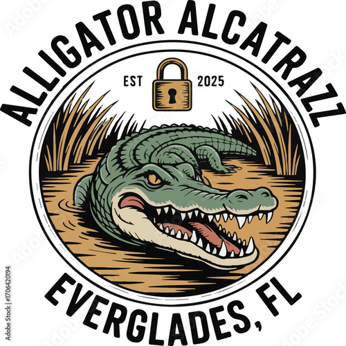 Alligator Alcatrazz Everglades F L Est 2025 Logo Design with Lock and Reeds florida