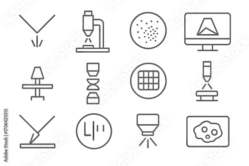 Electron Microscopy Icons. Line style icons of electron microscopy tools: electron beam, scanning microscope, particle detail,