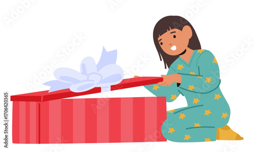 Curious little girl looking inside box showing surprised and excited emotion while opening gifts
