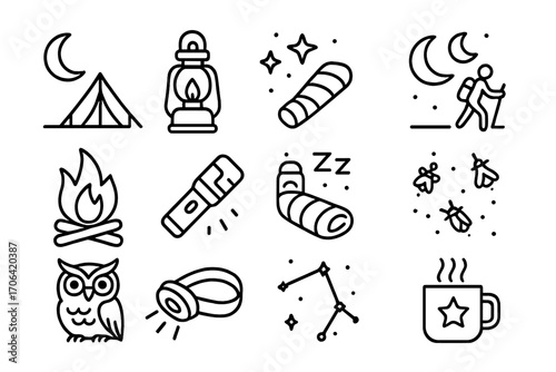 Night Camping Icons. Line style icons of night-time camping: moon over tent, lantern, starry sky, night hike icon; glowing