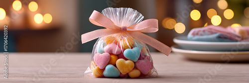 Candy Hearts in a Delicate Package: A clear cellophane bag, delicately tied with a soft pink ribbon, holds an assortment of pastel-colored candy hearts, evoking feelings of sweetness, affection.