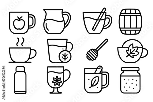 Fall Drinks Icons. Line style icons of cider and fall drinks: apple cider mug, jug of juice, cinnamon stick in drink, cider barrel