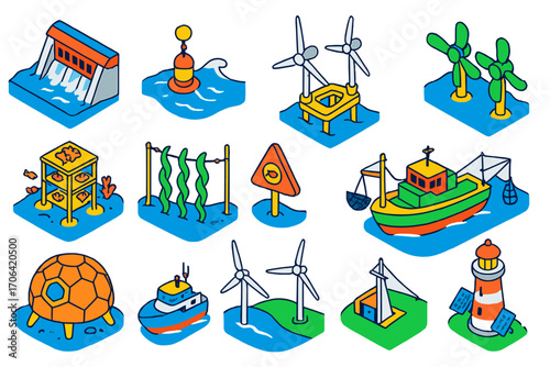 Marine Energy Icons. Isometric vector illustration set Marine energy and ecosystems: tidal barrage, wave-powered buoy, offshore