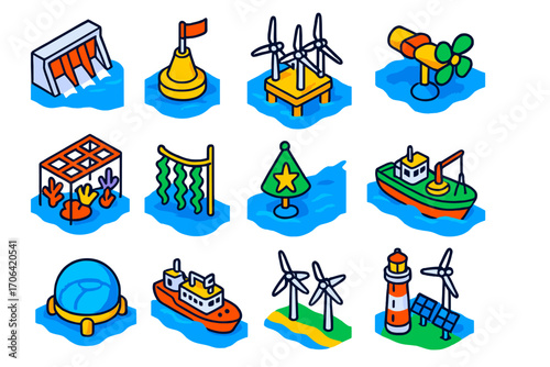 Marine Energy Icons. Isometric vector illustration set Marine energy and ecosystems: tidal barrage, wave-powered buoy, offshore
