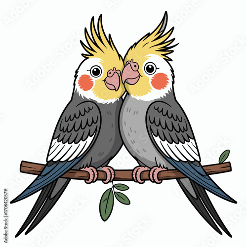 Pair of Cartoon Cockatiels Cuddling on Branch Vector