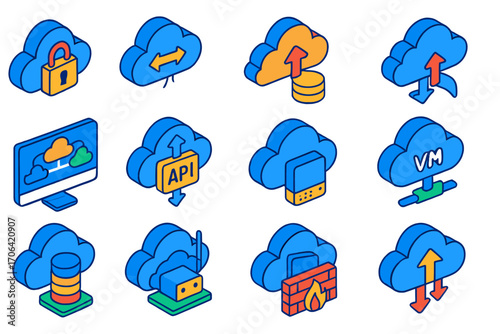 Hybrid Cloud Icons. Isometric vector illustration set Hybrid cloud architecture: public cloud symbol, private cloud symbol, hybrid