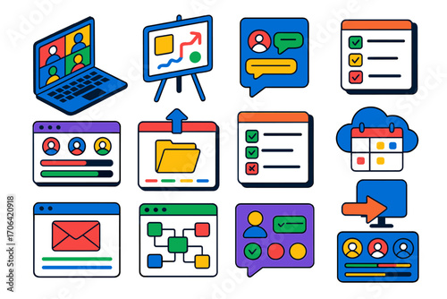 Collaboration Tools Icons. Isometric vector illustration set Collaboration platforms: video call laptop, shared digital whiteboard