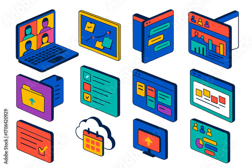 Collaboration Tools Icons. Isometric vector illustration set Collaboration platforms: video call laptop, shared digital whiteboard
