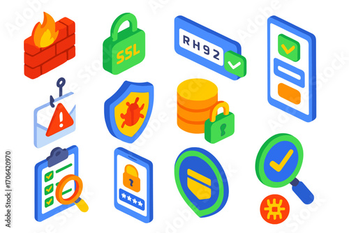 Web Security Icons. Isometric vector illustration set Web security: firewall icon, SSL lock, captcha verification, secure login