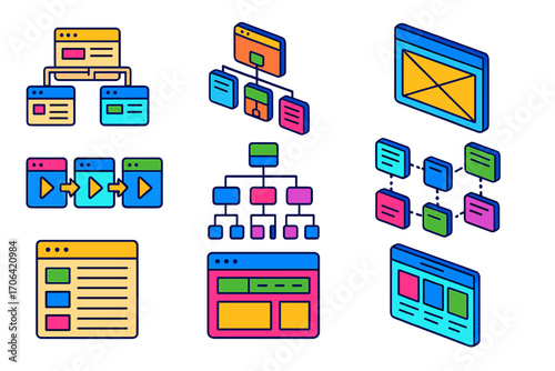 Website Architecture Diagram. Isometric vector illustration set Website architecture: sitemap diagram, navigation tree, wireframe