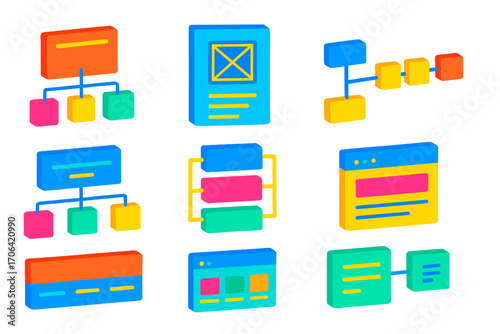 Website Architecture Diagram. Isometric vector illustration set Website architecture: sitemap diagram, navigation tree, wireframe